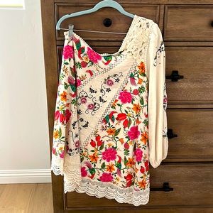 Farm Rio one shouldered floral mini dress with embroidery
